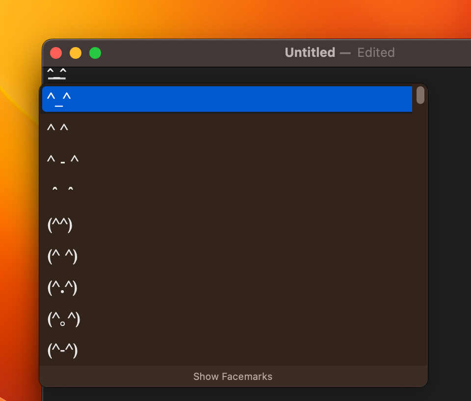 A screenshot of the facemarks candidate panel menu within TextEdit. Currently selected is a smiley face, written as ^_^.