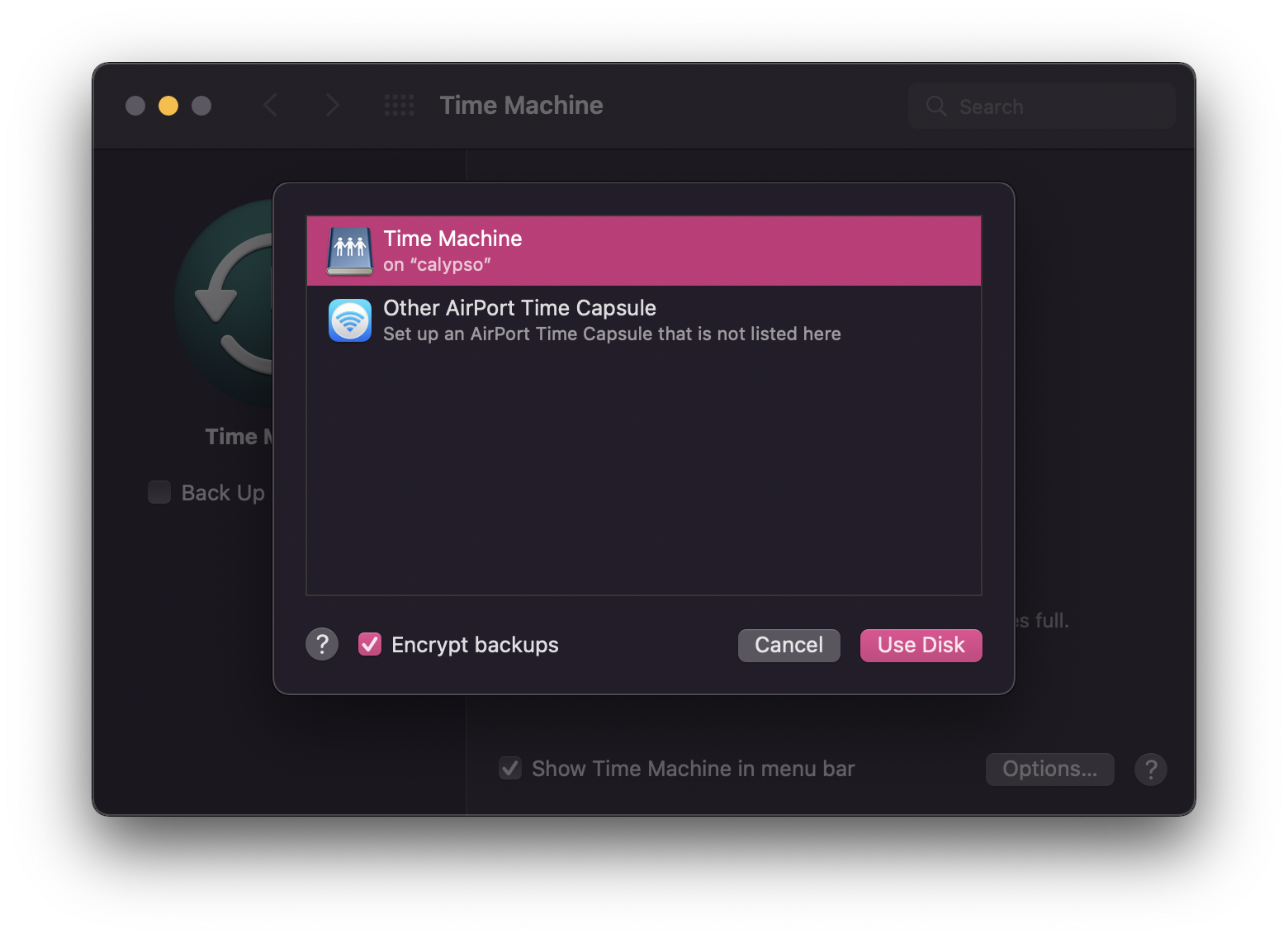 Time Machine in System Preferences. The "Select Time Machine Destination" pop-over view is open, with Time Machine on calypso selected.