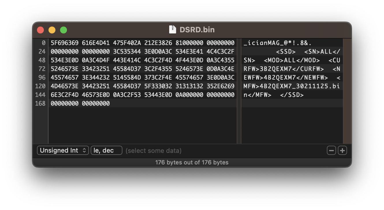 A screenshot of Hex Fiend, showing a file 176 bytes in length. The first few bytes appear to be a header, continuing with padding. XML data is then present, and further continuing with padding.