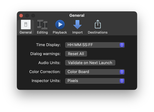 The General tab within Final Cut Pro Settings. Five settings are present. For the context of this article, only three of these settings have pop-up menus: